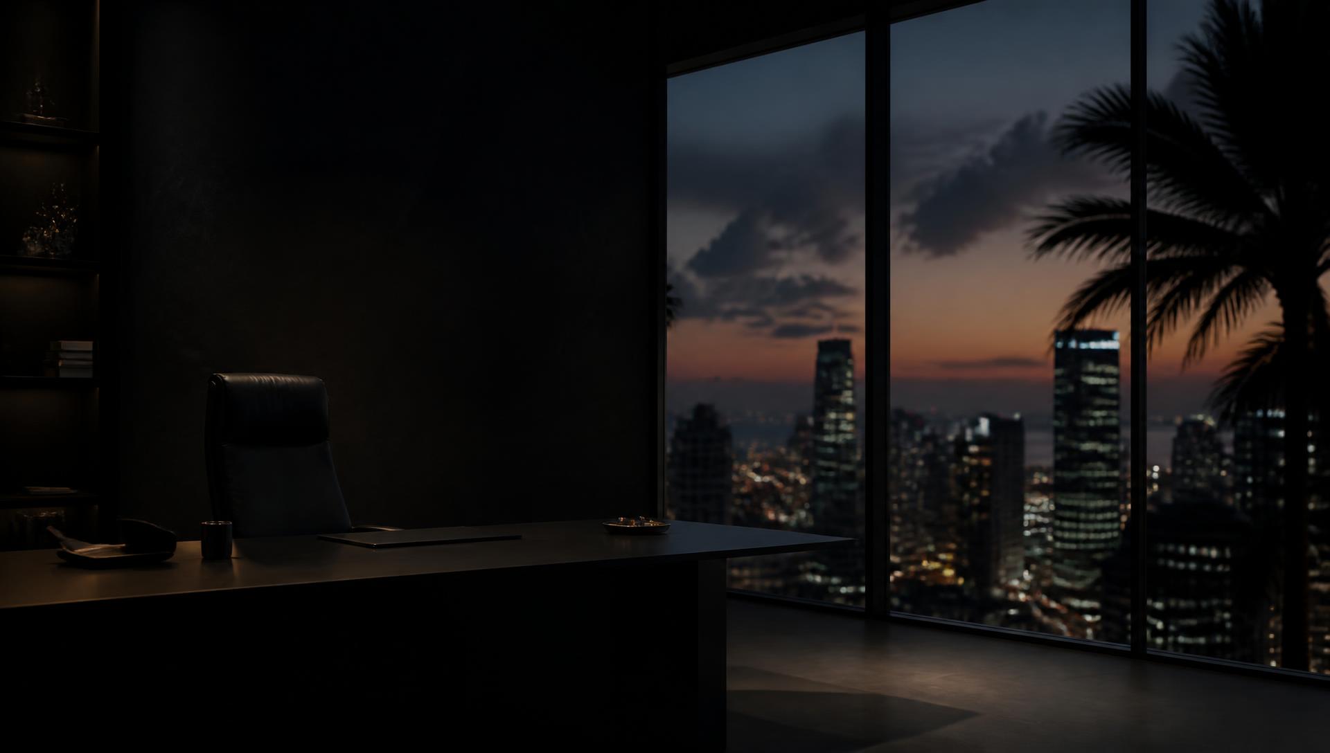 Dark luxury office overlooking a city skyline at dusk